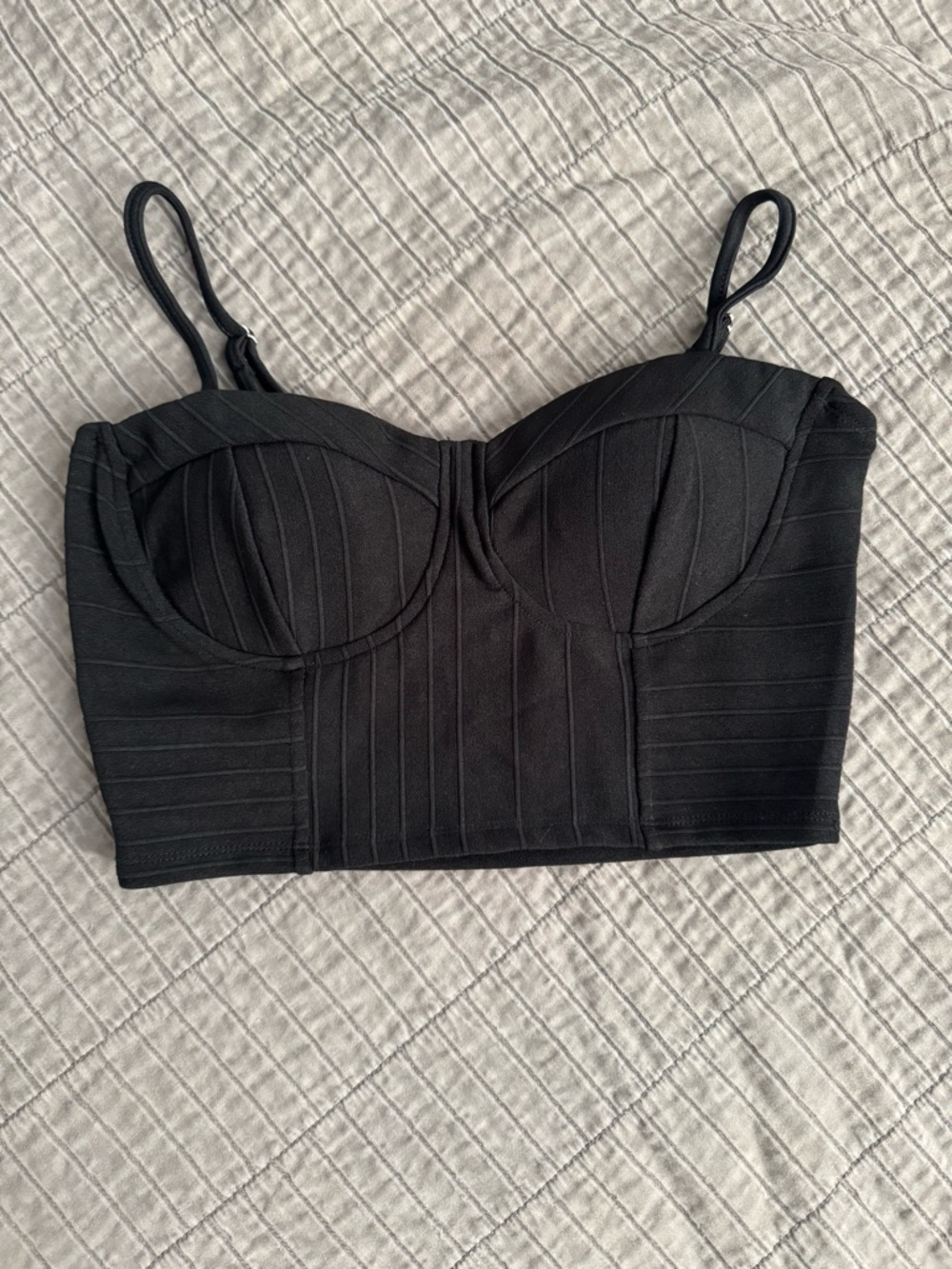 Black Corset Style Crop Top Bustier Strappy Stretch Boned Bralette Size M